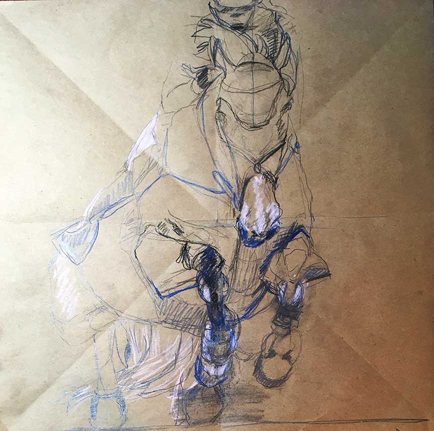 Sketch of horse and rider coming towards you