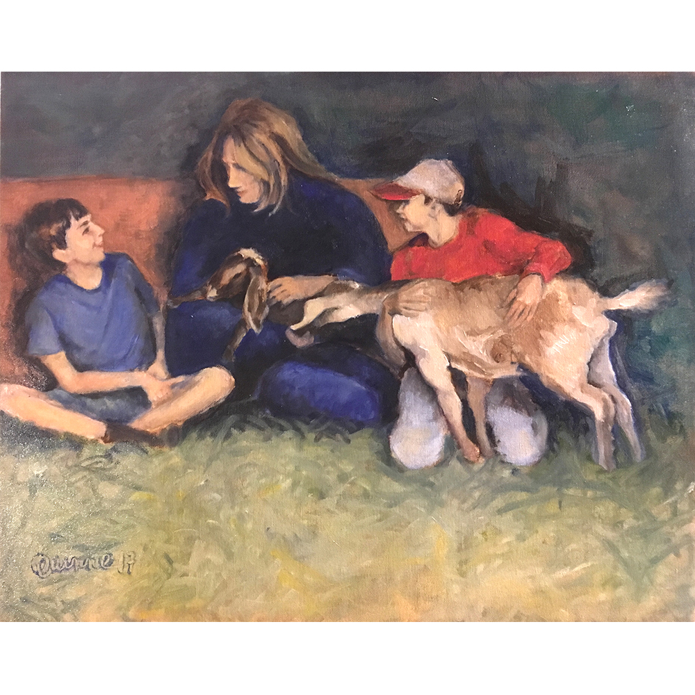 Portrait, family, oil painting, mother, 2 boys, baby goat and kid goat