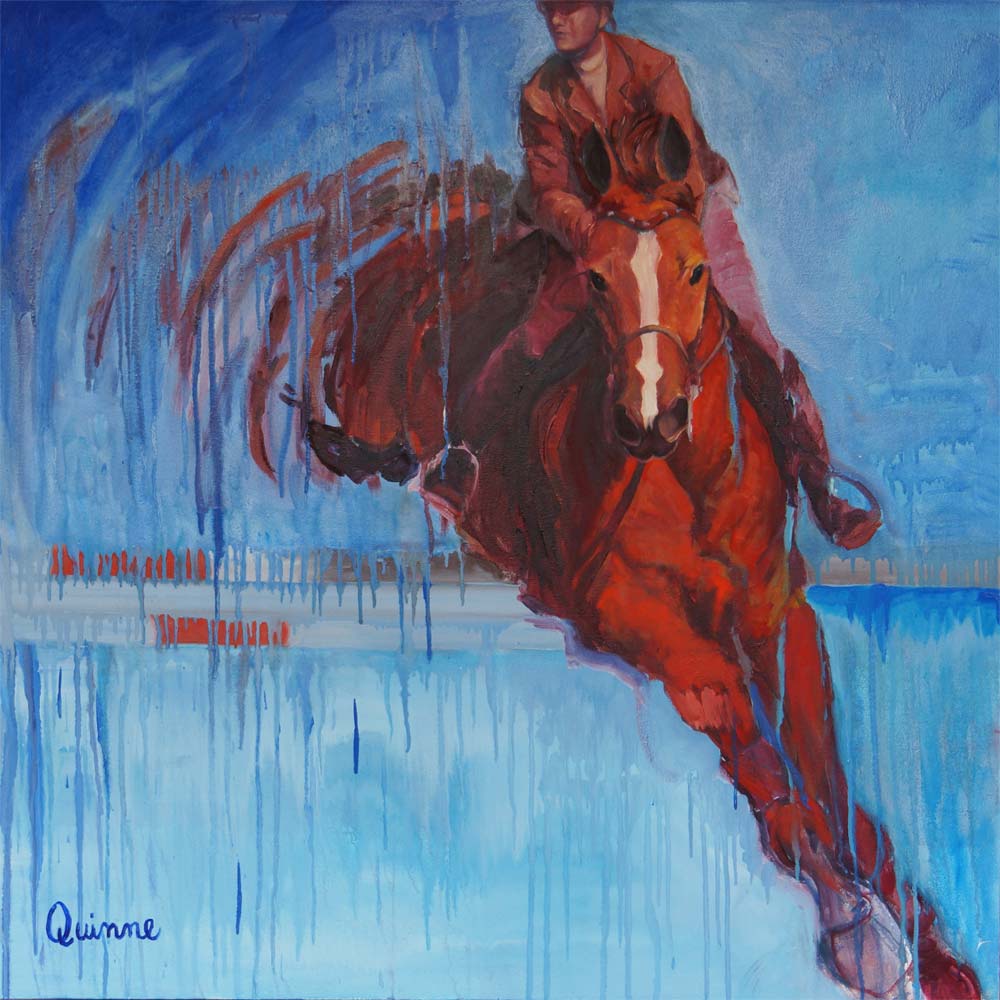 Image of a horse in reds coming towards you over a fence, background is blue.