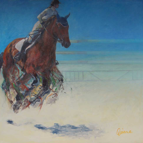 Painting of horse between jumps with legs moving