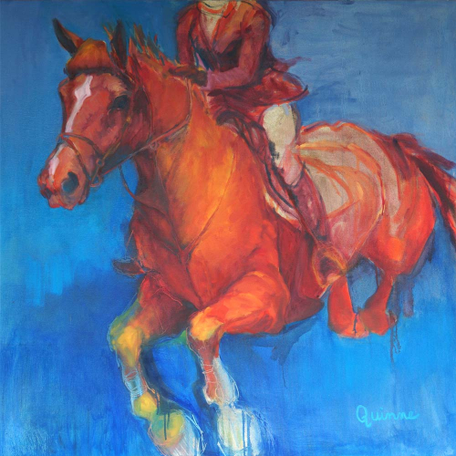 Red horse, jumping, in mid air; disrupted reality