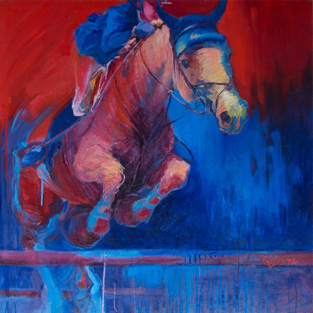 Horse gong over fence at 3/4 view in bring colors, loosely painting gives a sense of motion.