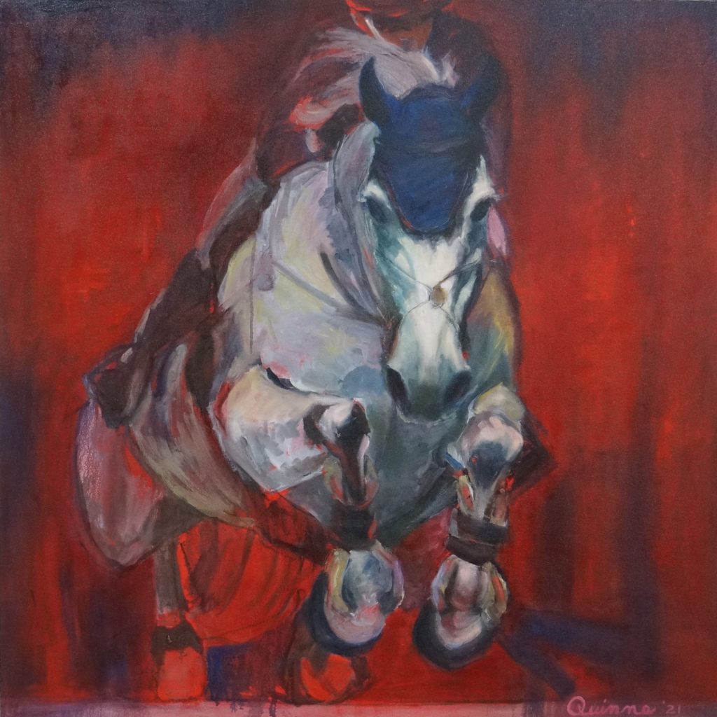 Finished painting of horse and rider coming towards viewer