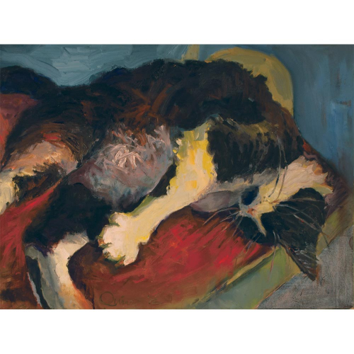 Oil painting of black and white cat stretching on her back