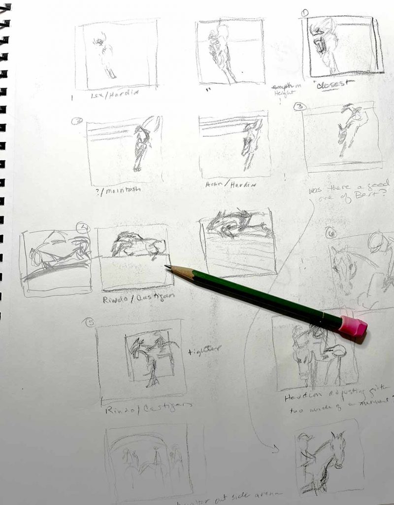 Page from a sketchbook showing small thumbnail sketches