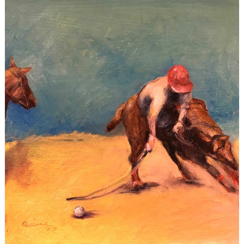 Painting with polo player on horse about to hit ball, second horse head on left edge