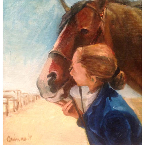Oil painting of girl with horse at horse show