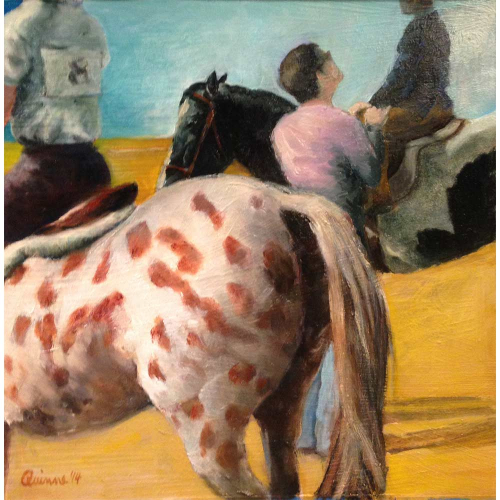 Oil painting of two ponies, parent and two riders