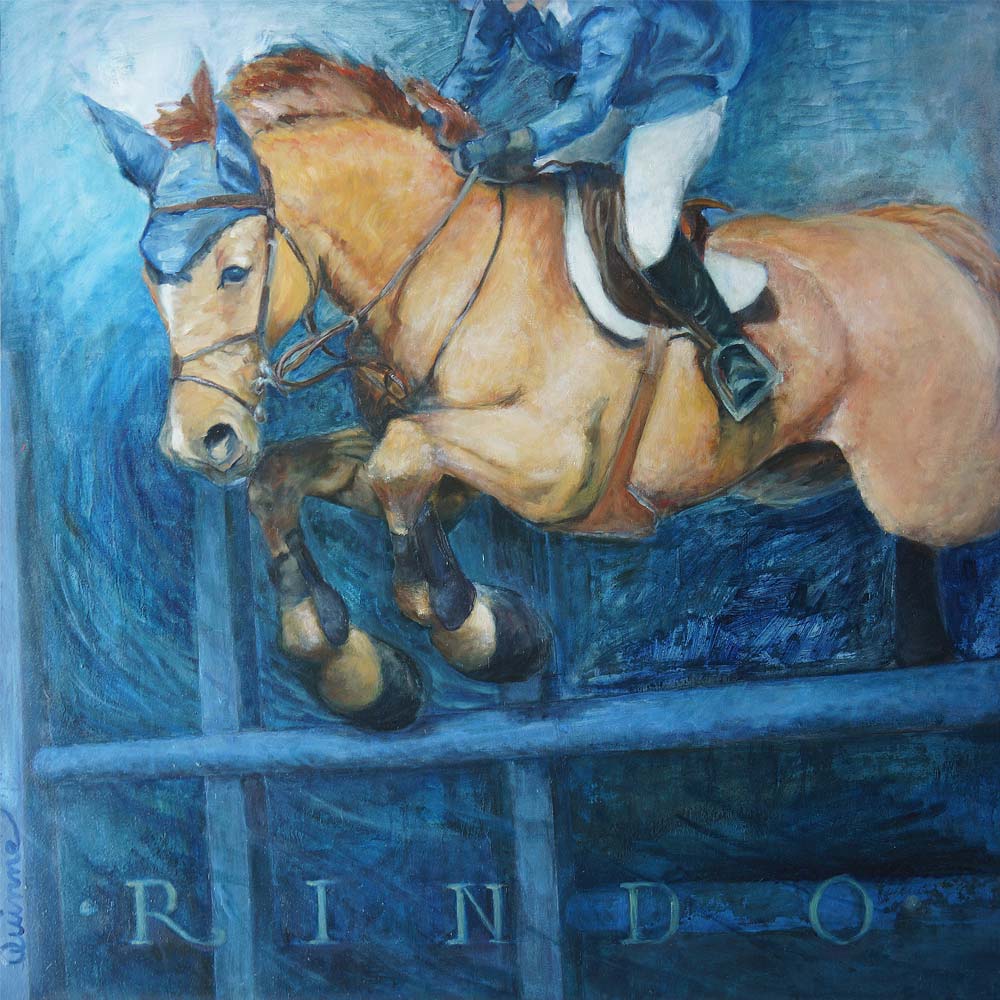 Chestnut horse and rider going over fence left to right, conveys a sense of movement.