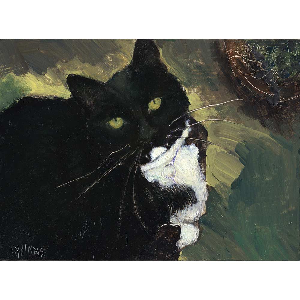 Oil painting of a tuxedo cat with two fangs