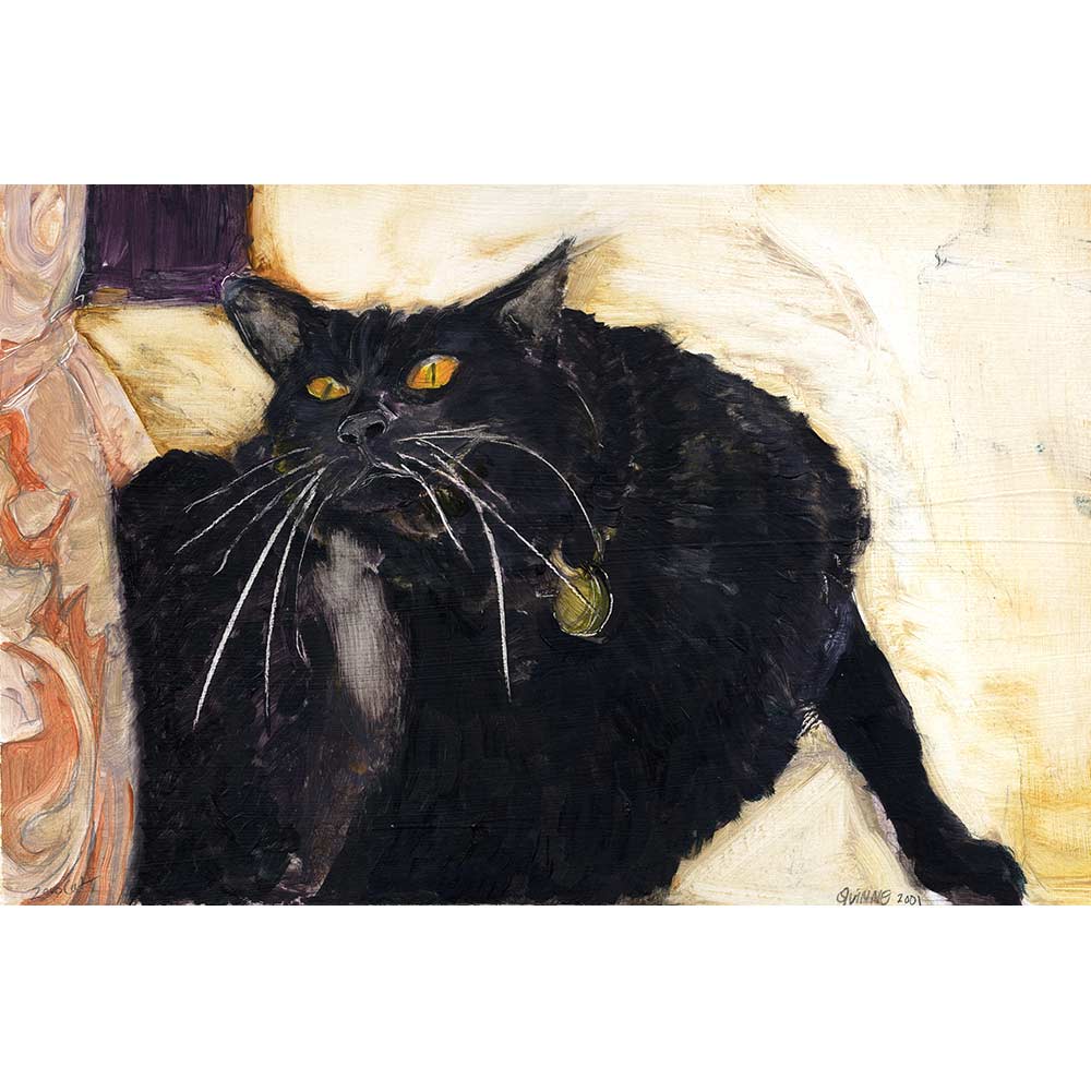 Painting of black cat scratching