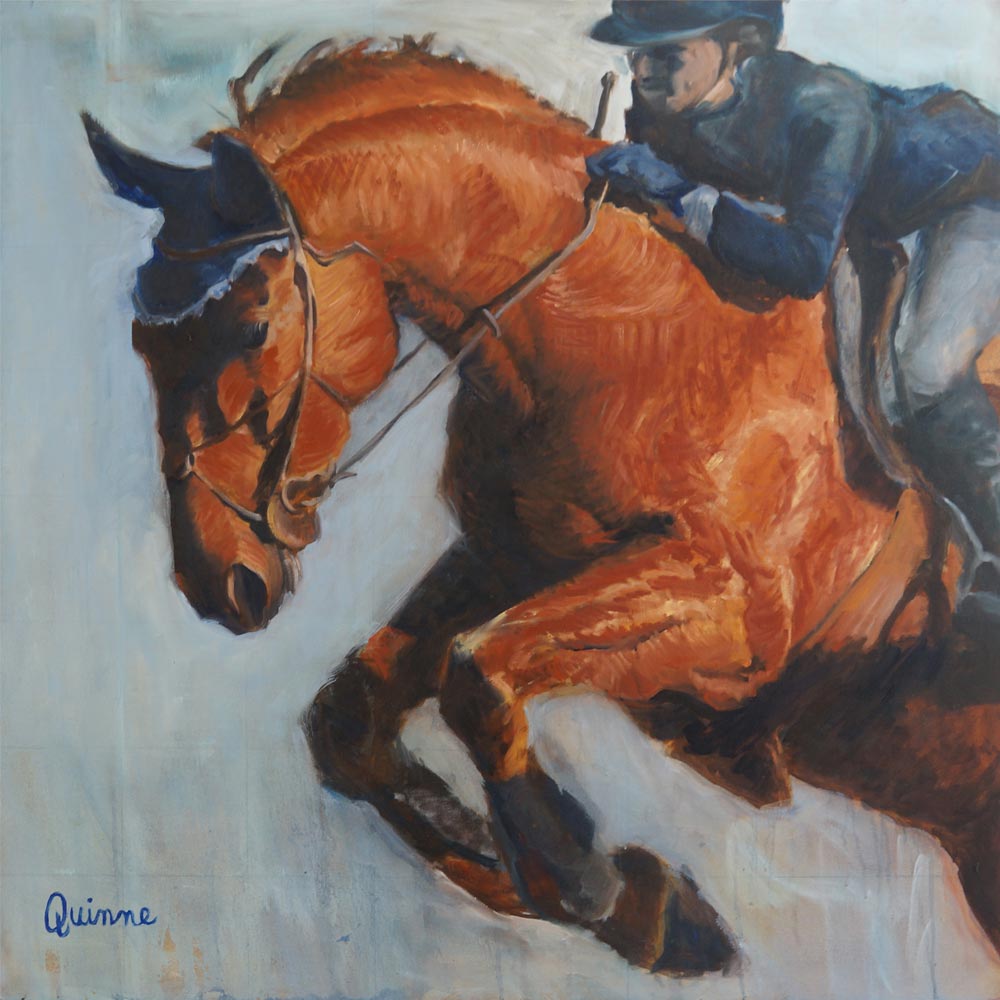 Chestnut horse and rider painting showing movement with horse in bascule