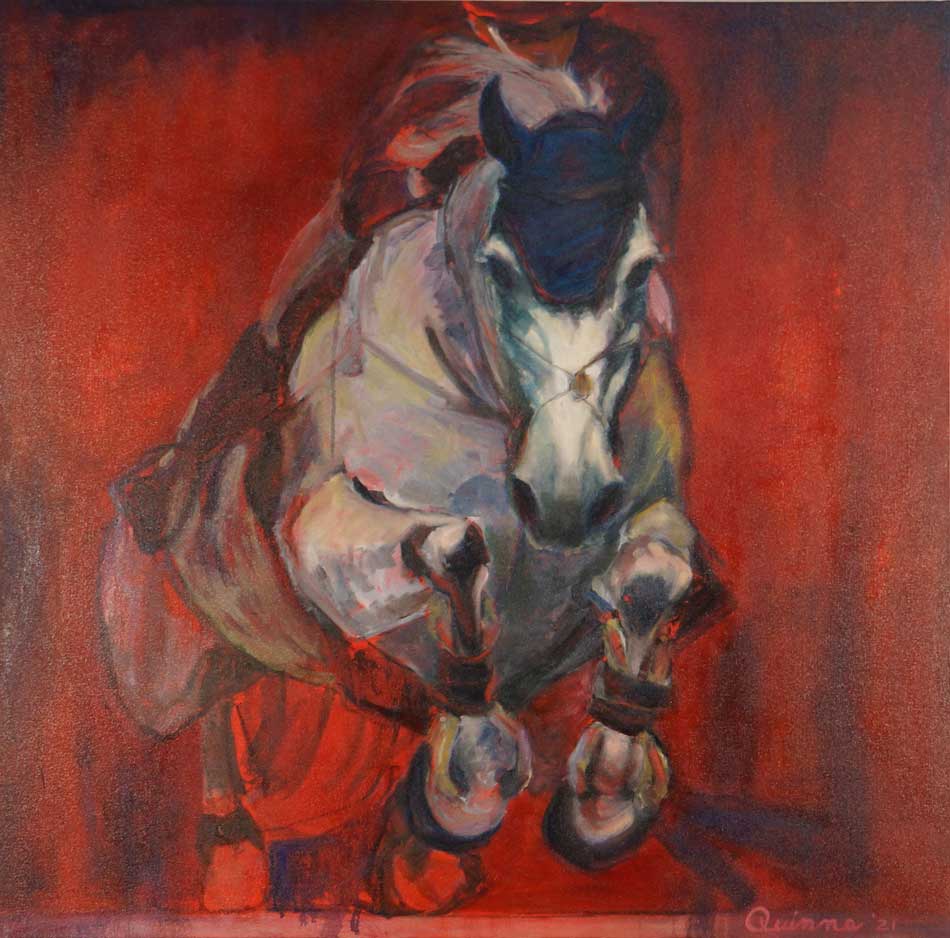 Disrupted reality oil painting, horse and rider over fence head on towards viewer, dramatic with red in background