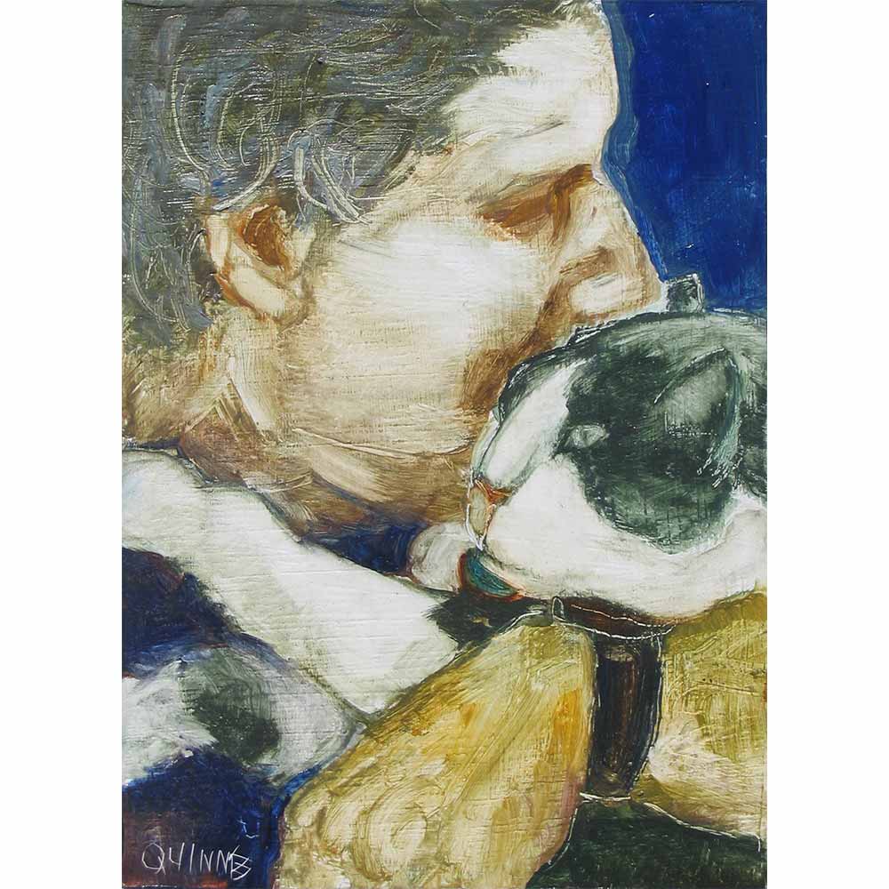 Oil painting of a grey and white cat with his person.