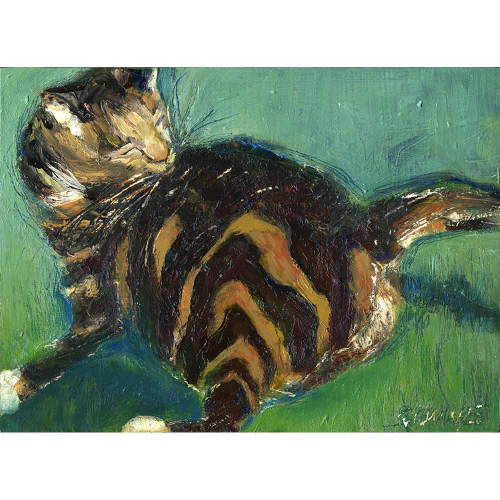 Oil painting of a striped cat licking her back